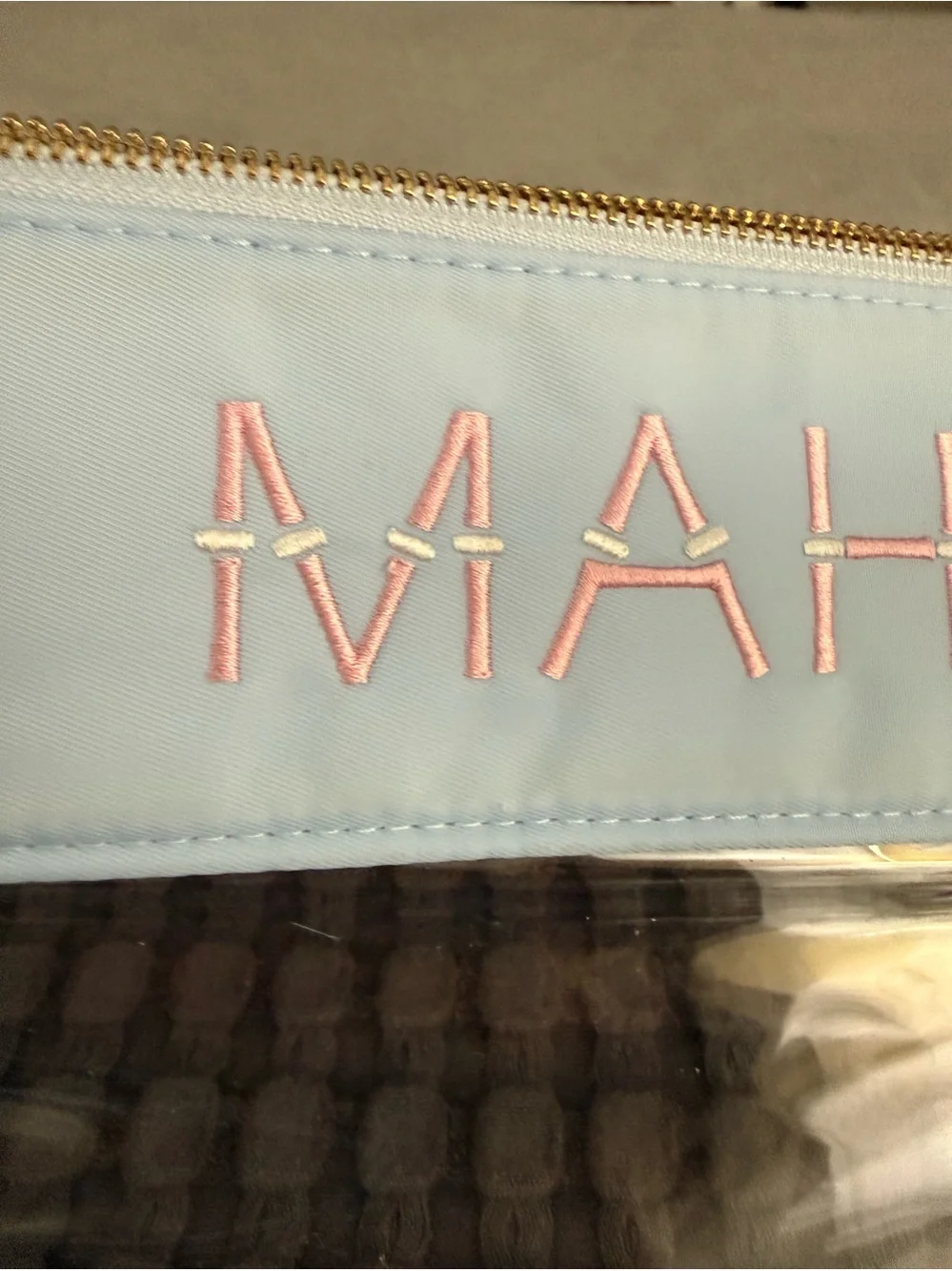 Light Blue Clear OMM tile bag with Pink Embroidery